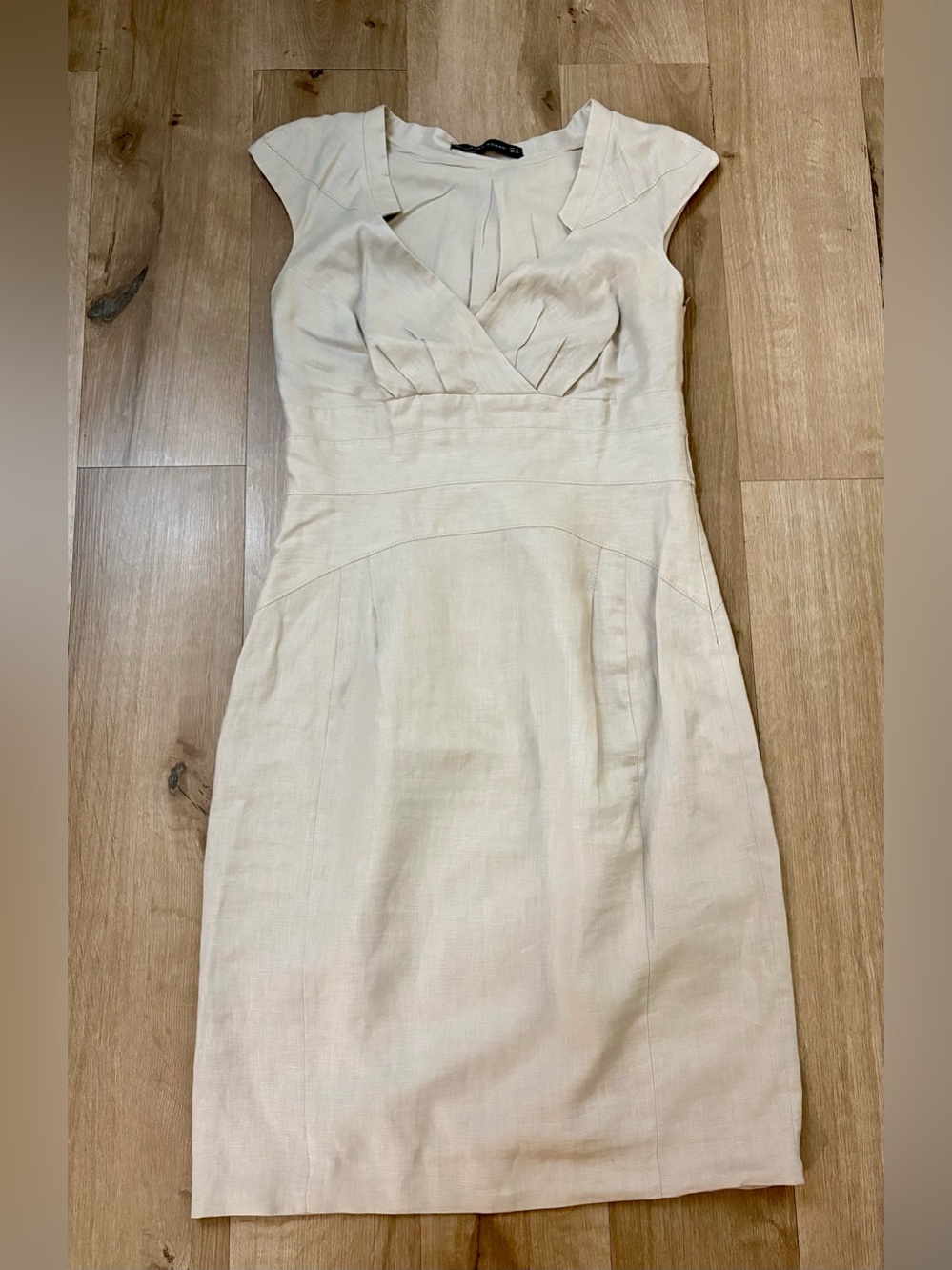Women’s Zara Beige Linen Lined Sheath Below Knee Dress - Size S
